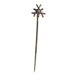Vintage Gold Tone Stick Pin With Blue Opal Gemstone Accent Starburst Design